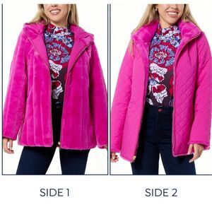 IMAN Faux Fur Coat fuchsia Reversible Hooded Quilted Jacket Womens Sz XS NWOT